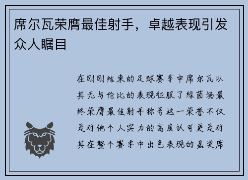 席尔瓦荣膺最佳射手，卓越表现引发众人瞩目